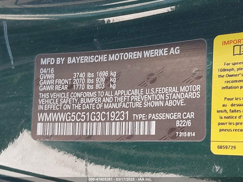 2016 MINI CONVERTIBLE VIN: WMWWG5C51G3C19231