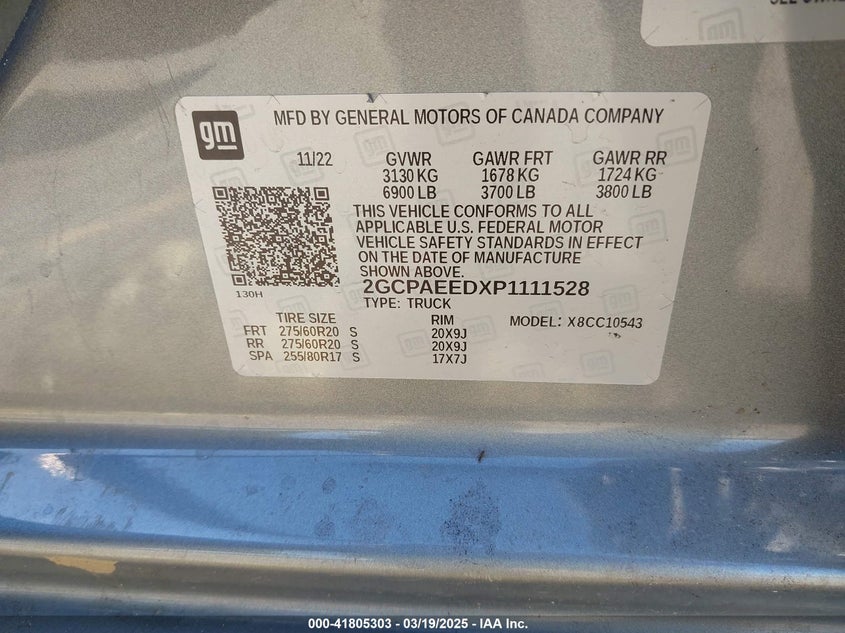 2023 CHEVROLET SILVERADO 1500 5.3L V-8 DI, VVT, 35(VIN: 2GCPAEEDXP1111528