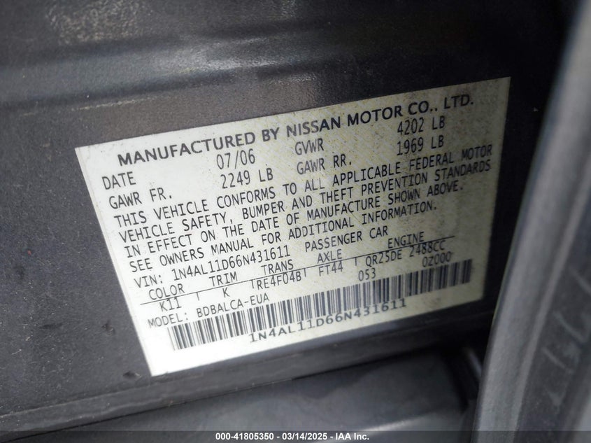 2006 NISSAN ALTIMA VIN: 1N4AL11D66N431611