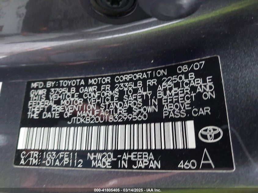2008 TOYOTA PRIUS VIN: JTDKB20U183299560