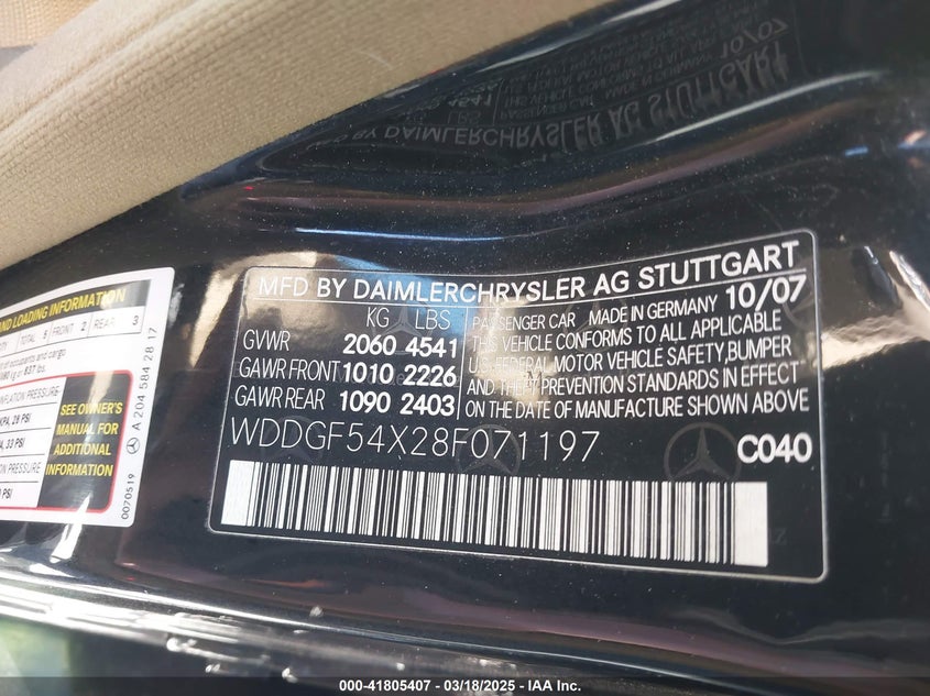 2008 MERCEDES-BENZ C 300 VIN: WDDGF54X28F071197