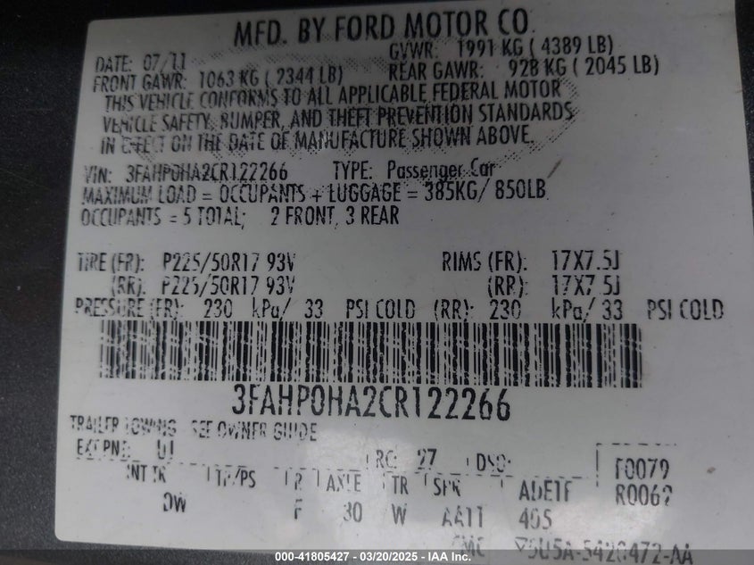 2012 FORD FUSION VIN: 3FAHP0HA2CR122266