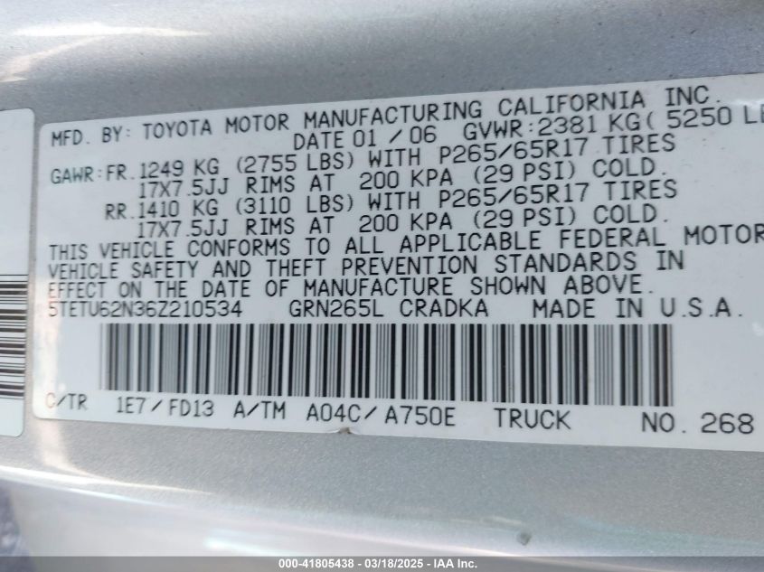 2005 Toyota Tacoma Prerunner V6 VIN: 5TETU62N3562N36Z2 Lot: 41805438