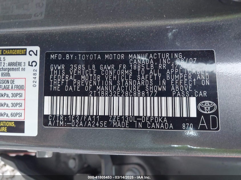 2008 TOYOTA COROLLA VIN: 2T1BR32E28C888177