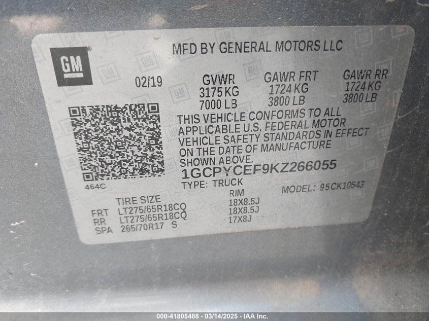 2019 CHEVROLET SILVERADO 1500 VIN: 1GCPYCEF9KZ266055
