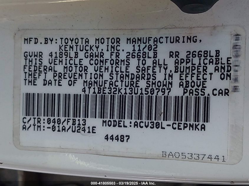 2003 Toyota Camry Le VIN: 4T1BE32K13U150797 Lot: 41805503