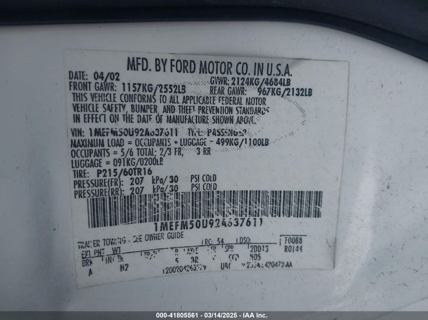 2002 Mercury Sable Gs VIN: 1MEFM50U92A637611 Lot: 41805561