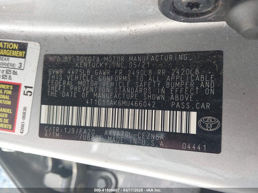 2021 TOYOTA CAMRY LE - 4T1C11AK6MU466042