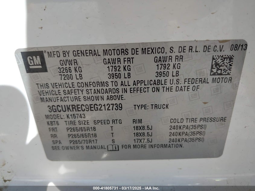 2014 CHEVROLET SILVERADO 1500 VIN: 3GCUKREC9EG212739