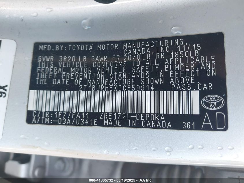 2016 Toyota Corolla L VIN: 2T1BURHEXGC559914 Lot: 41805732