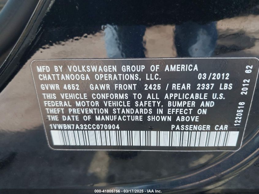 2012 Volkswagen Passat 2.0L Tdi Se VIN: 1VWBN7A32CC070904 Lot: 41805756