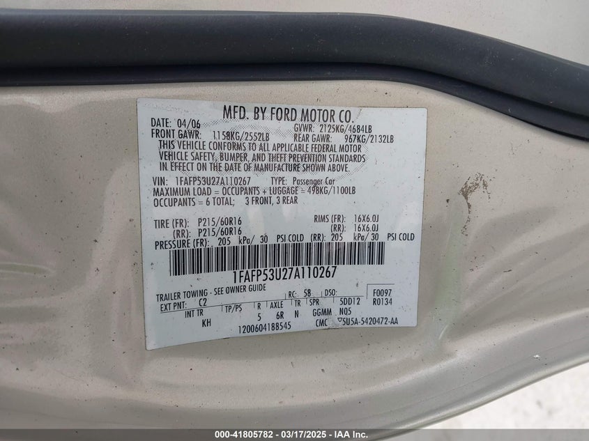 2007 FORD TAURUS VIN: 1FAFP53U27A110267
