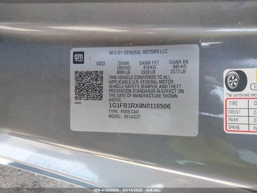 2022 Chevrolet Camaro Rwd 1Lt VIN: 1G1FB1RX8N0119506 Lot: 41805800