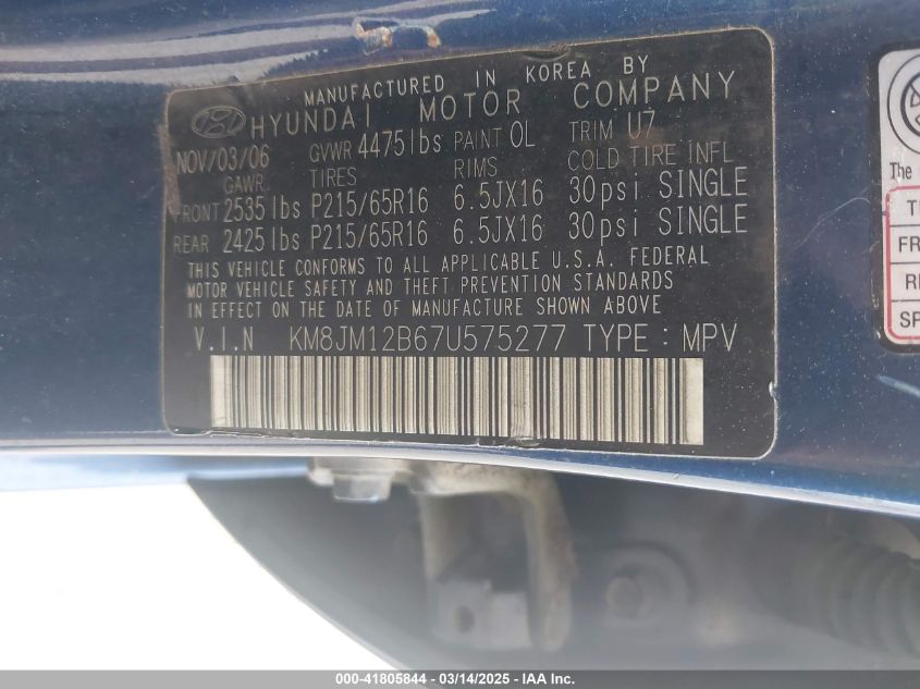 2007 Hyundai Tucson Gls VIN: KM8JM12B67U575277 Lot: 41805844