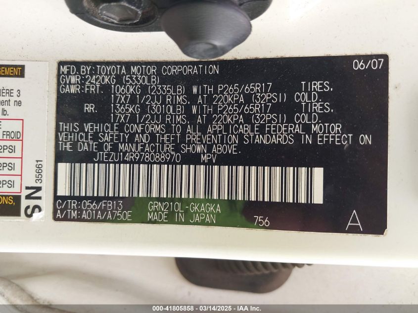 2007 Toyota 4Runner Sport V6 VIN: JTEZU14R978088970 Lot: 41805858