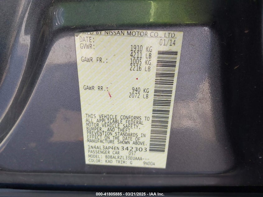 2014 NISSAN ALTIMA VIN: 1N4AL3AP4EN342303