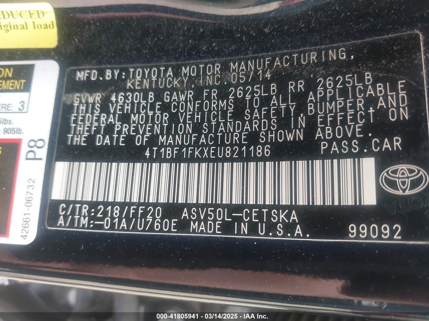 2014 TOYOTA CAMRY VIN: 4T1BF1FKXEU821186