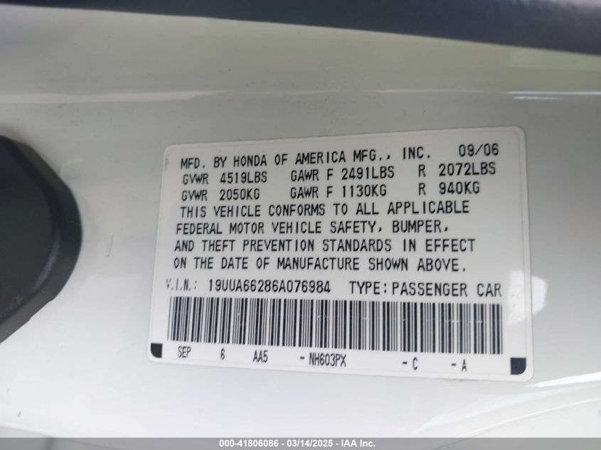 2006 Acura Tl VIN: 19UUA66286A076984 Lot: 41806086