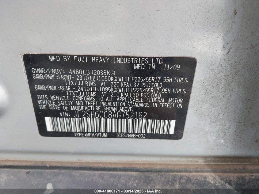 2010 SUBARU FORESTER VIN: JF2SH6CC8AG752162