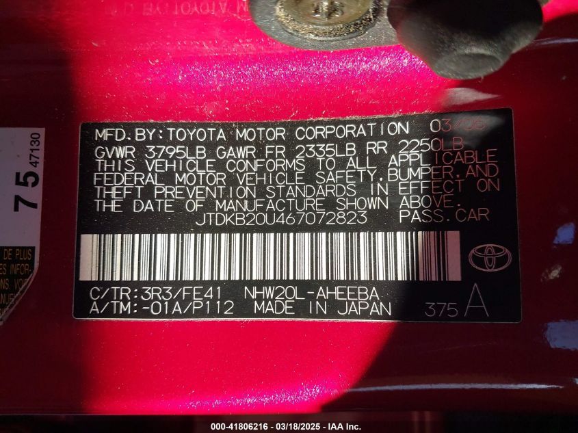 2006 Toyota Prius VIN: JTDKB20U467072823 Lot: 41806216