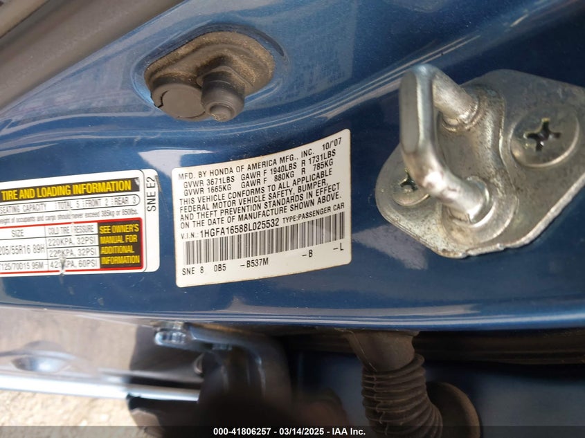 2008 Honda Civic Lx VIN: 1HGFA16588L025532 Lot: 41806257