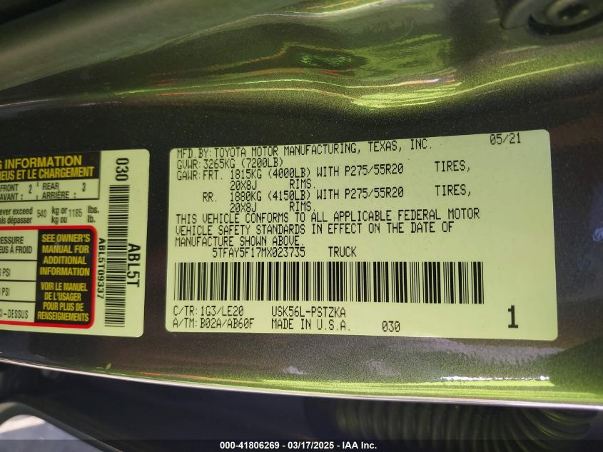 2021 Toyota Tundra - 5TFAY5F17MX023735