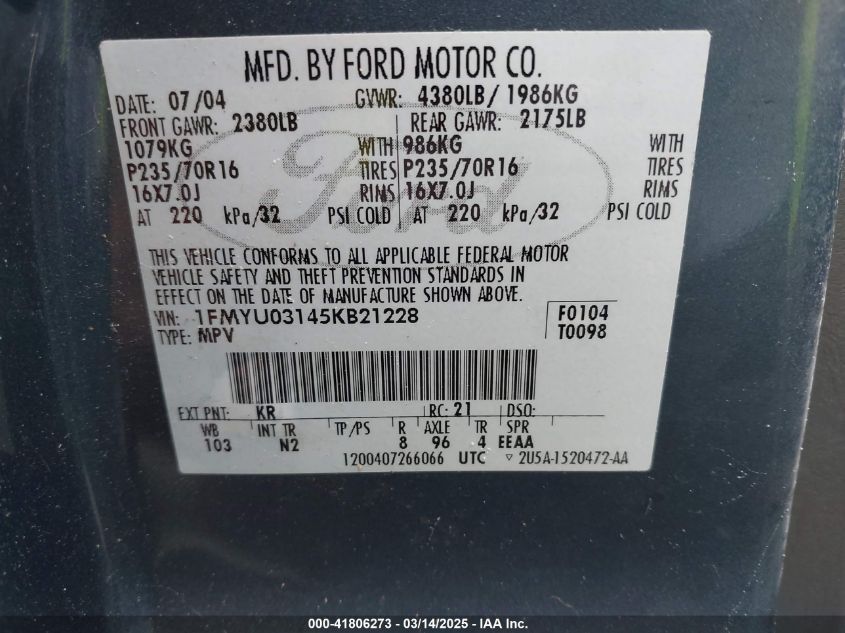 2005 Ford Escape Xlt VIN: 1FMYU03145KB21228 Lot: 41806273