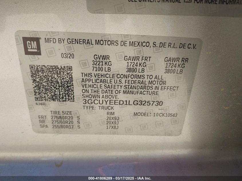 2020 CHEVROLET SILVERADO 1500 VIN: 3GCUYEED1LG325730