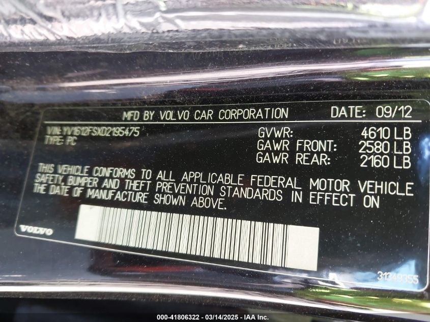 2013 Volvo S60 T5/T5 Platinum/T5 Premier/T5 Premier Plus VIN: YV1612FSXD2195475 Lot: 41806322