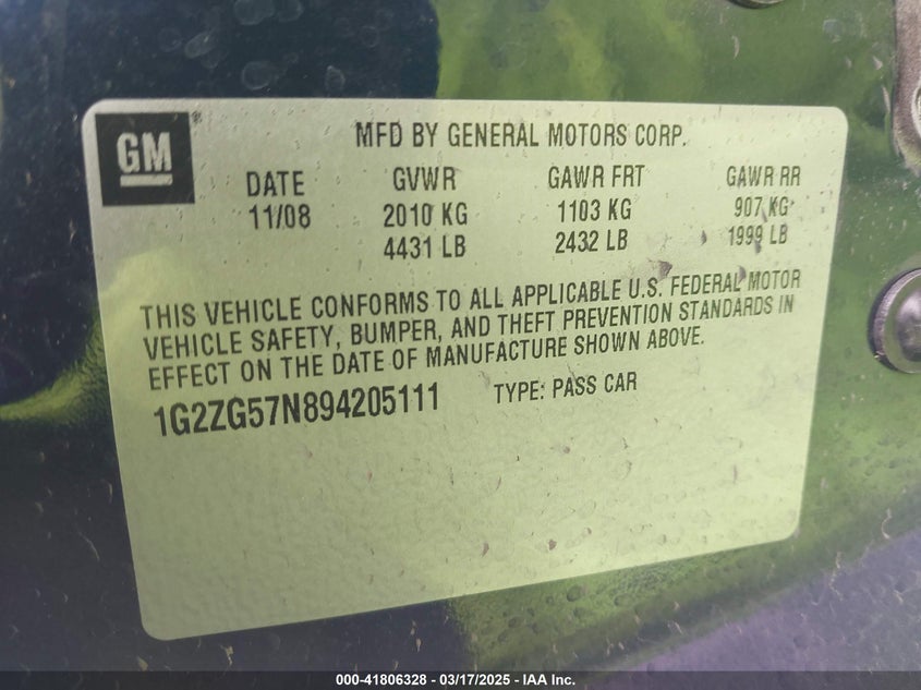 2009 PONTIAC G6 VIN: 1G2ZG57N894205111