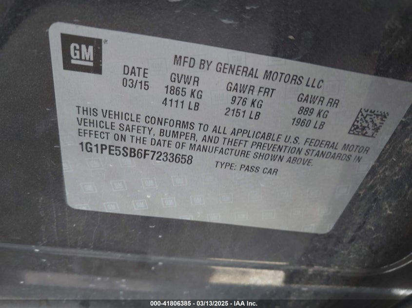 2015 CHEVROLET CRUZE VIN: 1G1PE5SB6F7233658