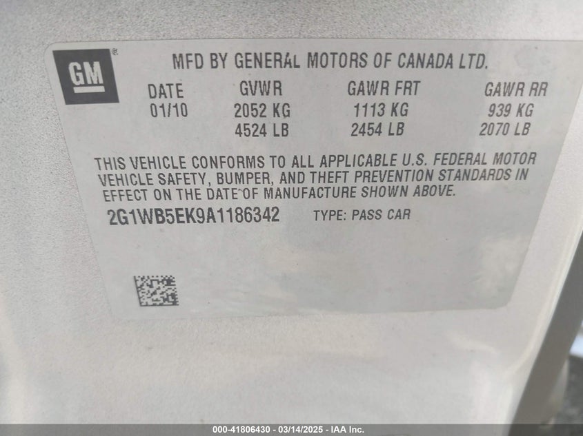 2010 CHEVROLET IMPALA VIN: 2G1WB5EK9A1186342