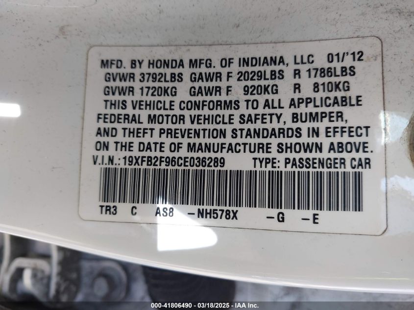 2012 Honda Civic Ex-L VIN: 19XFB2F96CE036289 Lot: 41806490