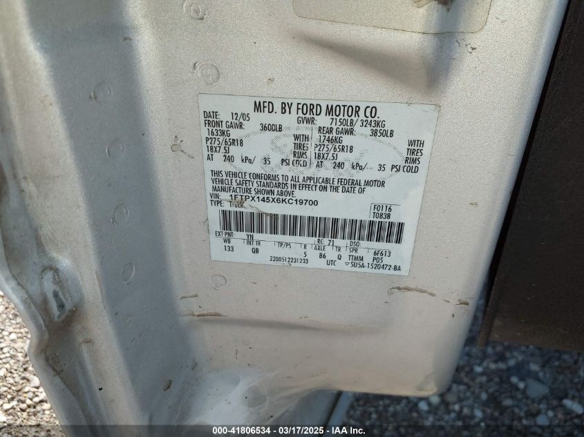 2006 Ford F-150 Fx4/Lariat/Xl/Xlt VIN: 1FTPX145X6KC19700 Lot: 41806534