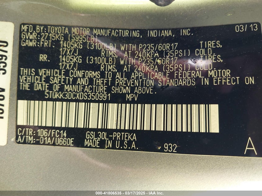 2013 TOYOTA SIENNA VIN: 5TDKK3DCXDS350991