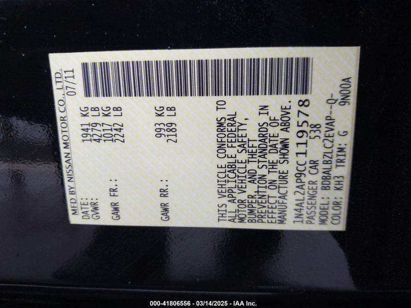 2012 NISSAN ALTIMA VIN: 1N4AL2AP9CC119578