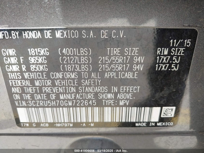 2016 HONDA HR-V EX-L - 3CZRU5H70GM722645