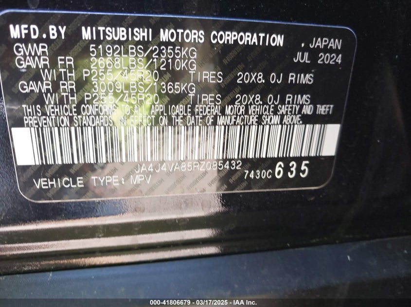 2024 Mitsubishi Outlander Se 2.5 S-Awc/Se Black Edition S-Awc/Se Black Edition W/Pano Roof/Se Ralliart S-Awc VIN: JA4J4VA85RZ085432 Lot: 41806679