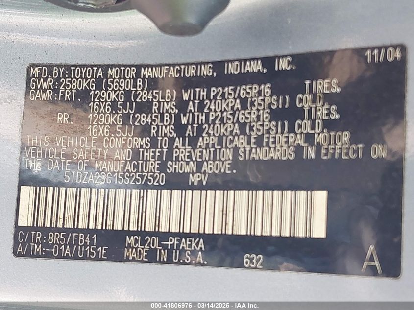 2005 Toyota Sienna Le VIN: 5TDZA23C15S257520 Lot: 41806976