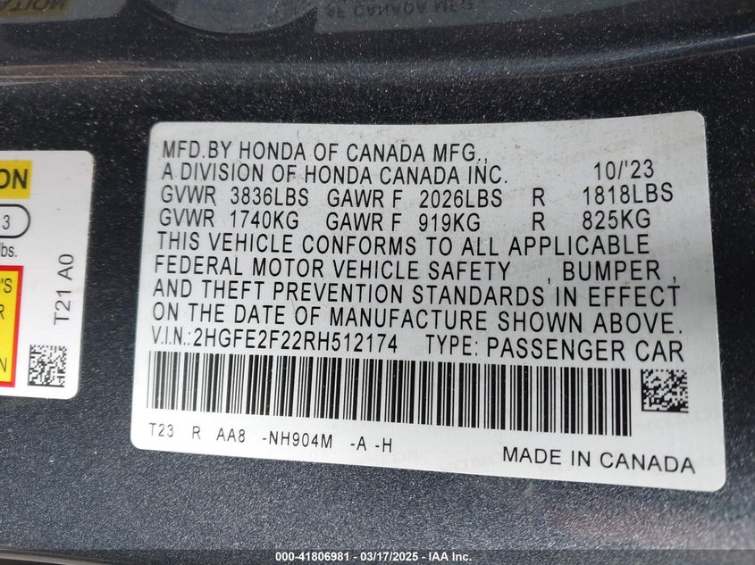 2024 HONDA CIVIC VIN: 2HGFE2F22RH512174