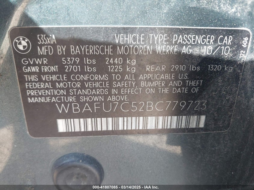 2011 BMW 535I xDrive VIN: WBAFU7C52BC779723 Lot: 41807085