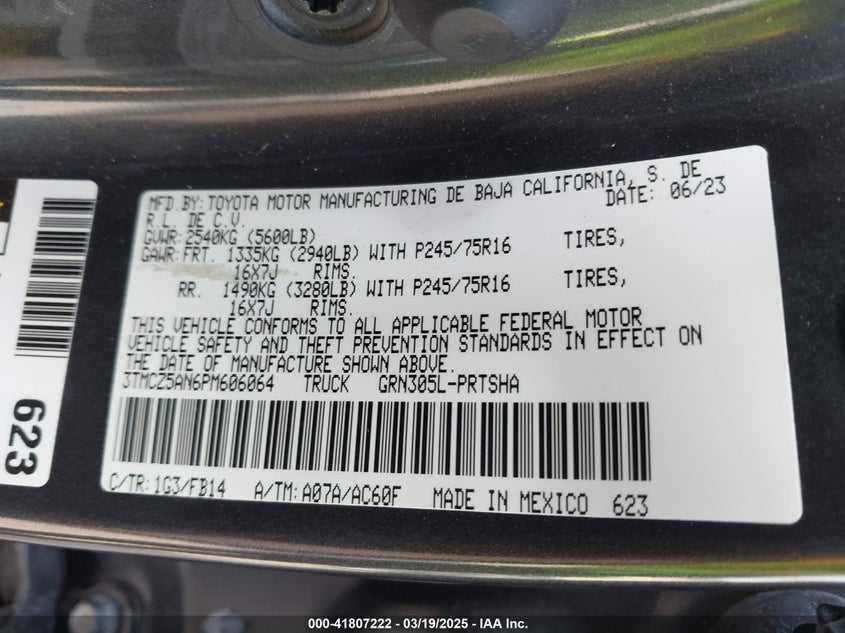 2023 TOYOTA TACOMA VIN: 3TMCZ5AN6PM606064