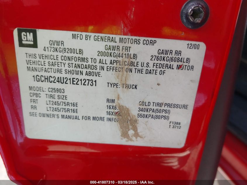 2001 Chevrolet Silverado 2500Hd VIN: 1GCHC24U21E212731 Lot: 41807310