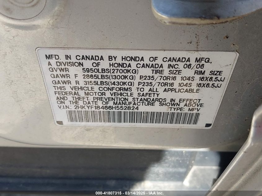 2006 Honda Pilot Ex VIN: 2HKYF18466H552824 Lot: 41807315