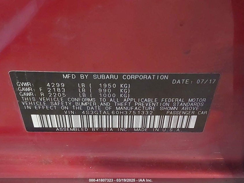 2017 SUBARU IMPREZA VIN: 4S3GTAL60H3751332