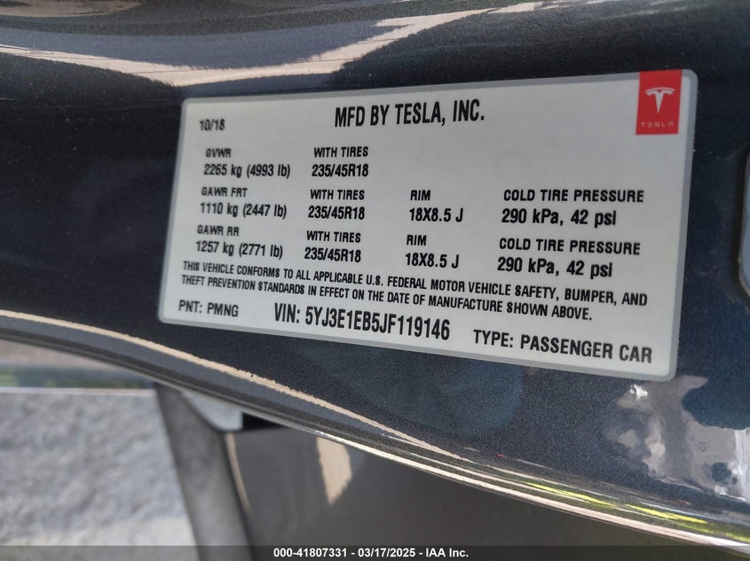 2018 TESLA MODEL 3 VIN: 5YJ3E1EB5JF119146