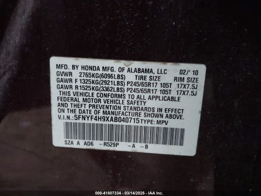 2010 Honda Pilot Touring VIN: 5FNYF4H9XAB040715 Lot: 41807334