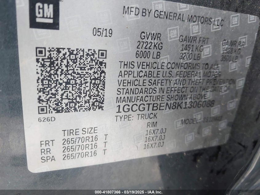 2019 CHEVROLET COLORADO VIN: 1GCGTBEN8K1306088