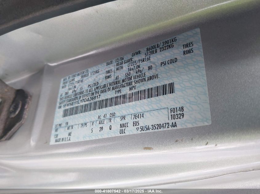 2007 Ford E-150 Chateau/Xl/Xlt VIN: 1FMNE11L17DA36817 Lot: 41807542