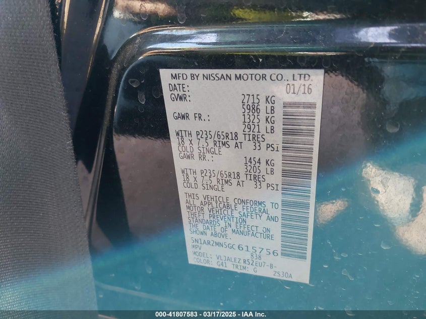 2016 NISSAN PATHFINDER VIN: 5N1AR2MN5GC615756